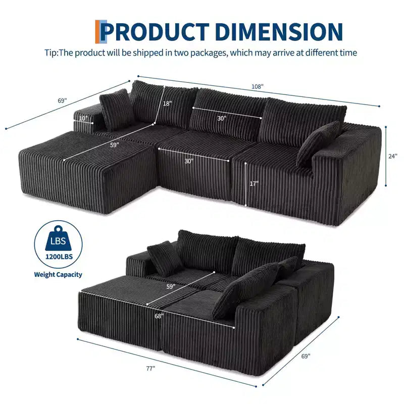 108 Modular Sectional Sofa  Cloud-Like Corduroy L-Shaped Couch with Movable Ottoman, No Assembly, 1200 lbs Capacity - Gray