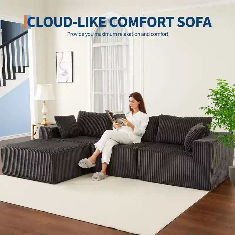 108 Modular Sectional Sofa  Cloud-Like Corduroy L-Shaped Couch with Movable Ottoman, No Assembly, 1200 lbs Capacity - Gray