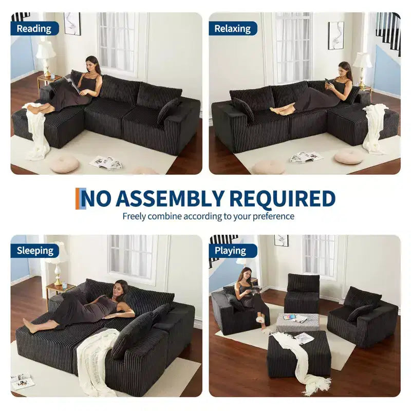108 Modular Sectional Sofa  Cloud-Like Corduroy L-Shaped Couch with Movable Ottoman, No Assembly, 1200 lbs Capacity - Gray