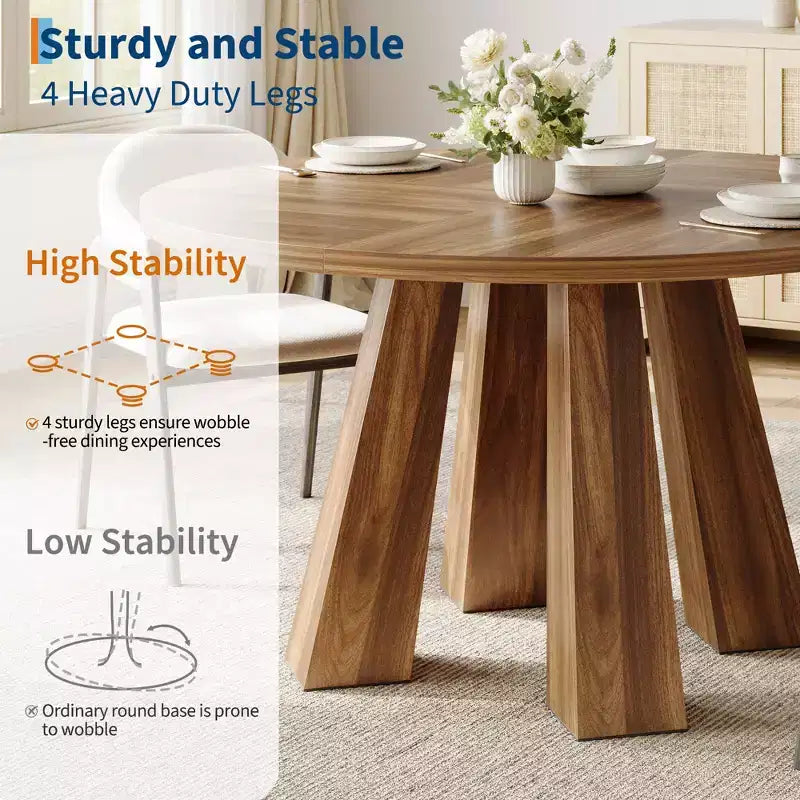 Modern Farmhouse Round Dining Table for 4-6  Walnut Wood, Robust 4-Leg Base  Space-Saving Circle Table for Kitchen, Dining Room, Apartment
