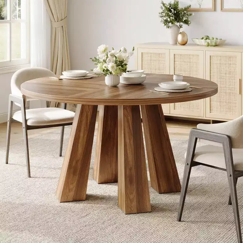 Modern Farmhouse Round Dining Table for 4-6  Walnut Wood, Robust 4-Leg Base  Space-Saving Circle Table for Kitchen, Dining Room, Apartment