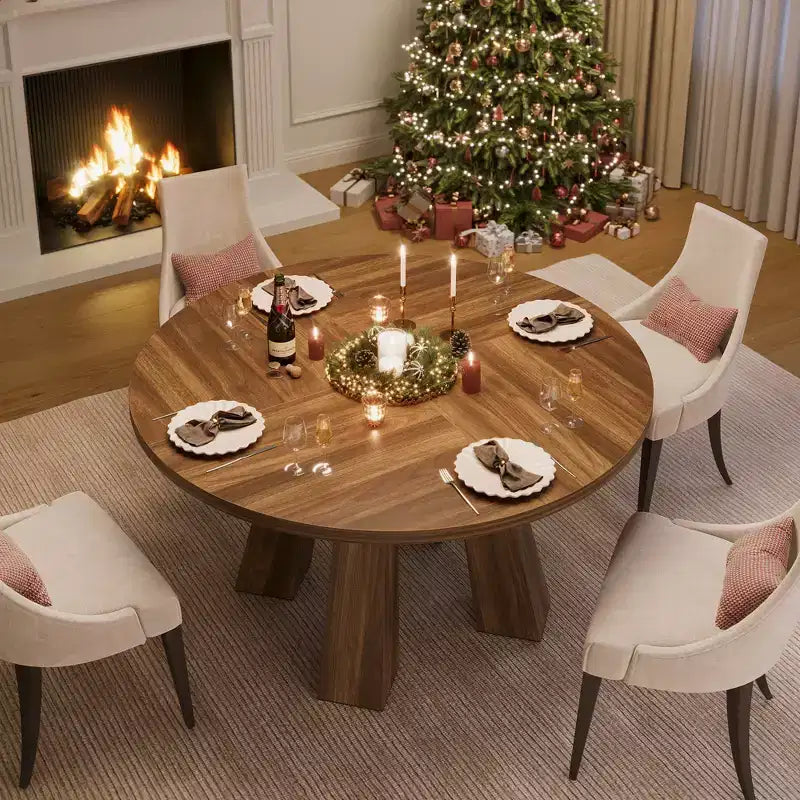 Modern Farmhouse Round Dining Table for 4-6  Walnut Wood, Robust 4-Leg Base  Space-Saving Circle Table for Kitchen, Dining Room, Apartment