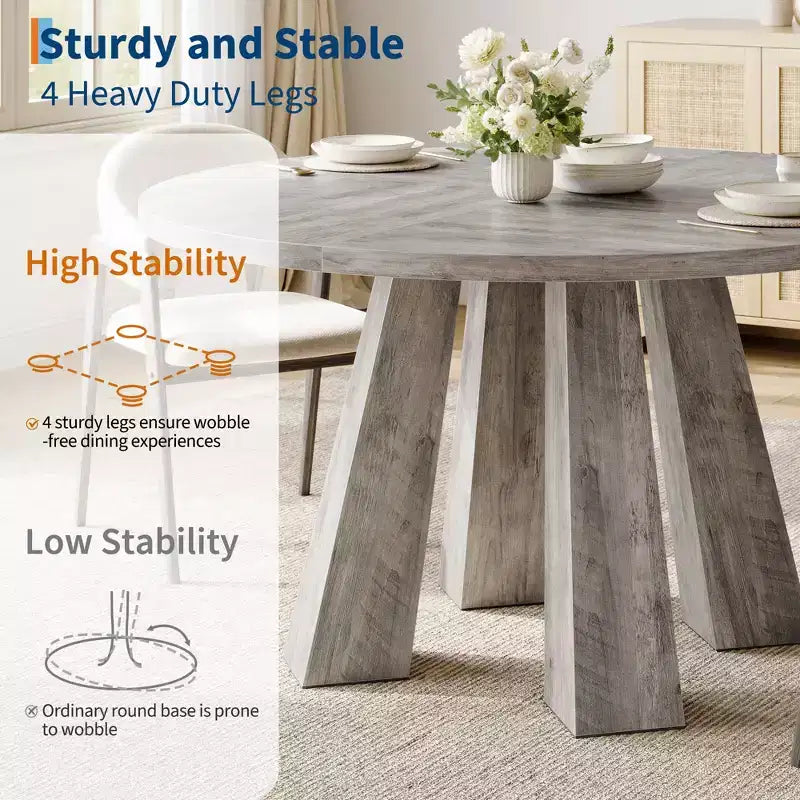Modern Farmhouse Round Dining Table for 4-6  Walnut Wood, Robust 4-Leg Base  Space-Saving Circle Table for Kitchen, Dining Room, Apartment