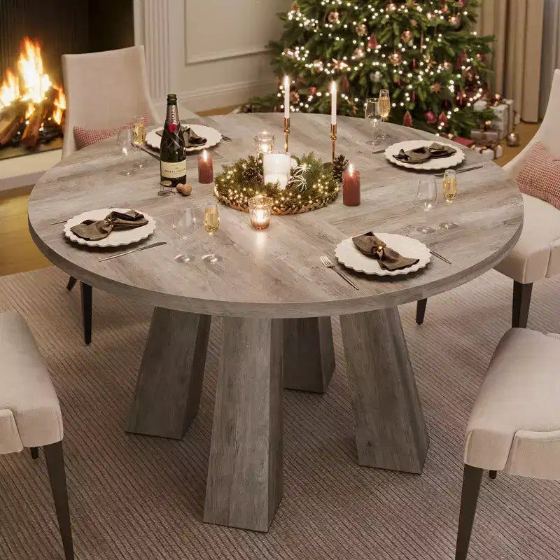 Modern Farmhouse Round Dining Table for 4-6  Walnut Wood, Robust 4-Leg Base  Space-Saving Circle Table for Kitchen, Dining Room, Apartment