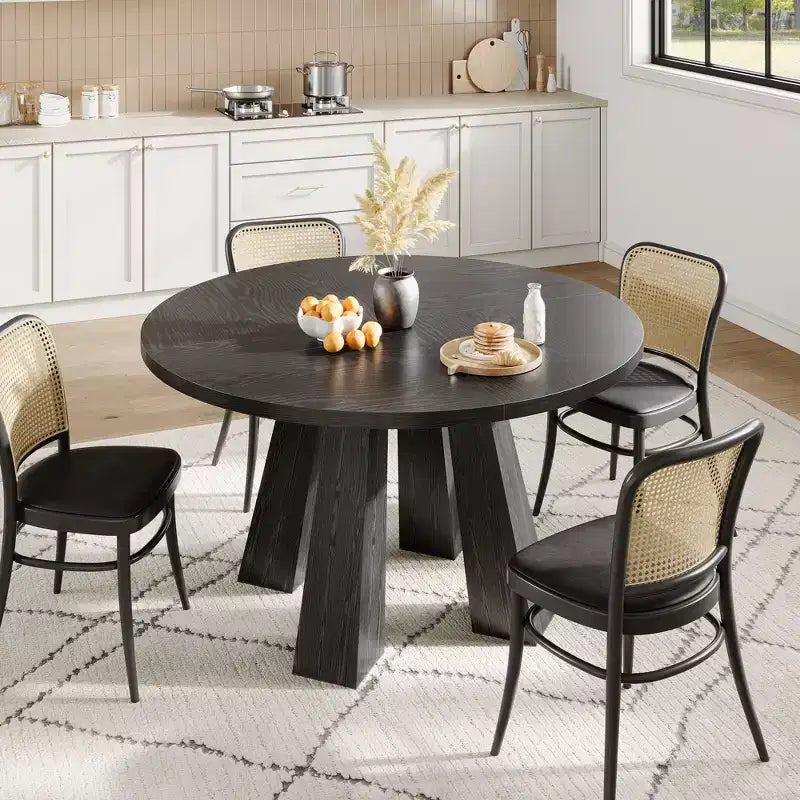 Modern Farmhouse Round Dining Table for 4-6  Walnut Wood, Robust 4-Leg Base  Space-Saving Circle Table for Kitchen, Dining Room, Apartment