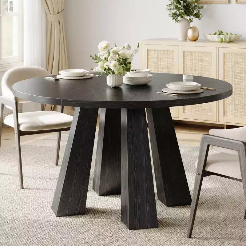 Modern Farmhouse Round Dining Table for 4-6  Walnut Wood, Robust 4-Leg Base  Space-Saving Circle Table for Kitchen, Dining Room, Apartment