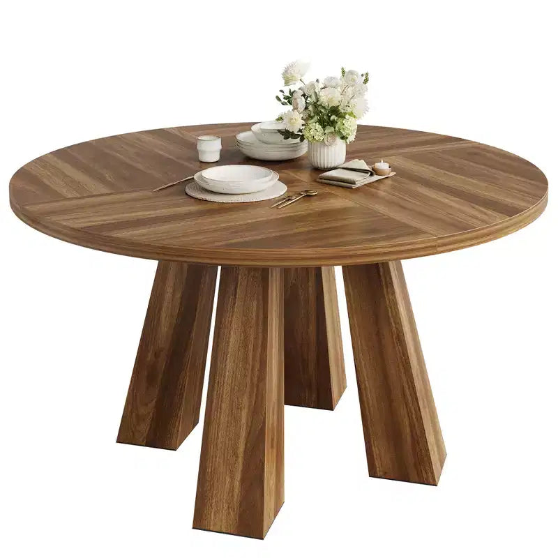 Table à manger ronde style ferme moderne pour 4 à 6 personnes en bois de noyer, piétement robuste à 4 pieds, table circulaire compacte pour cuisine, salle à manger, appartement