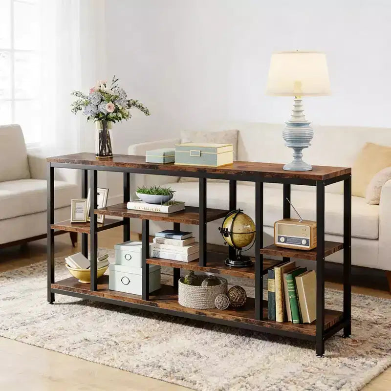 NAYSAYE Rustic Console Table Industrial Sofa Side Table Multi Shelf Wood Metal Storage Rack for Living Room Entryway, Black, 70.92*11.82*35.46