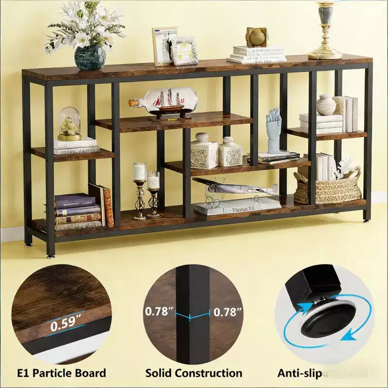 NAYSAYE Rustic Console Table Industrial Sofa Side Table Multi Shelf Wood Metal Storage Rack for Living Room Entryway, Black, 70.92*11.82*35.46