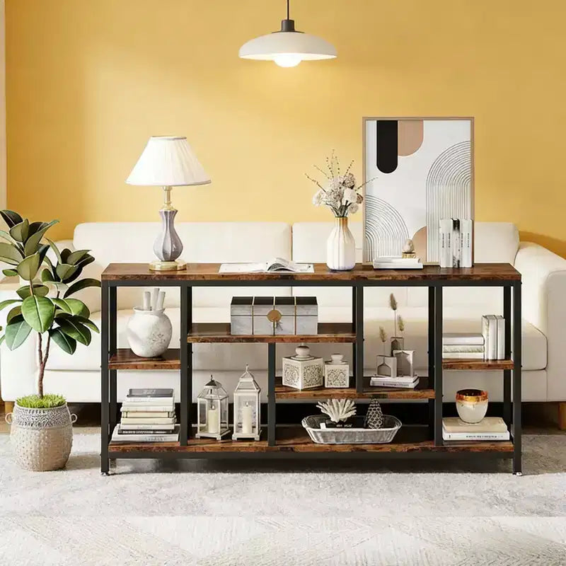 NAYSAYE Rustic Console Table Industrial Sofa Side Table Multi Shelf Wood Metal Storage Rack for Living Room Entryway, Black, 70.92*11.82*35.46