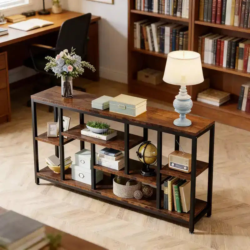 NAYSAYE Rustic Console Table Industrial Sofa Side Table Multi Shelf Wood Metal Storage Rack for Living Room Entryway, Black, 70.92*11.82*35.46