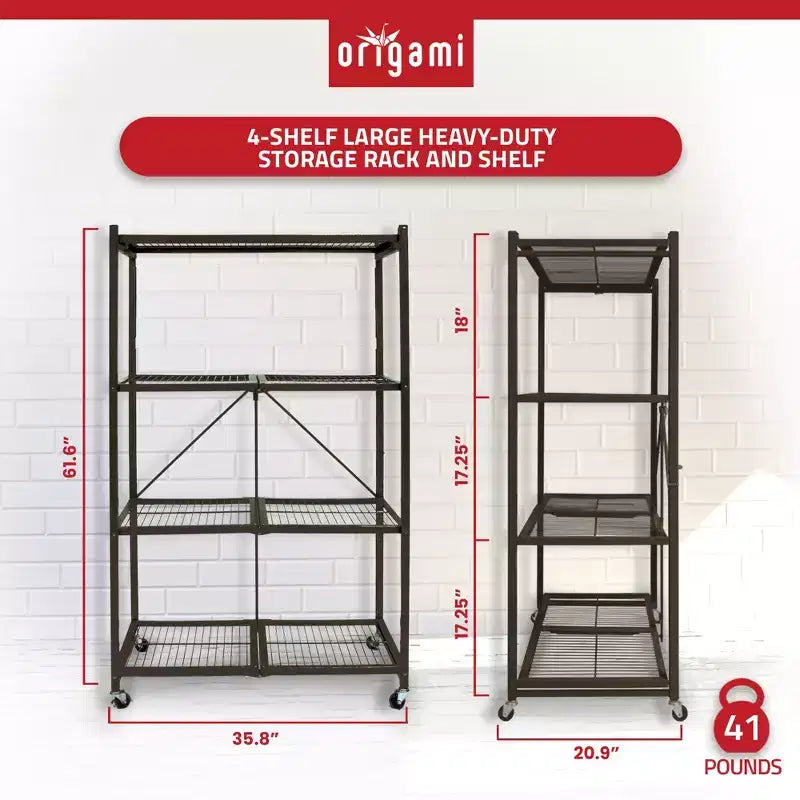Origami 4 Tier Multipurpose Folding Storage Unit Rolling Organization Rack Bundled with Set of 4 Magnetic Wire Shelf Waterproof Liners, Gray