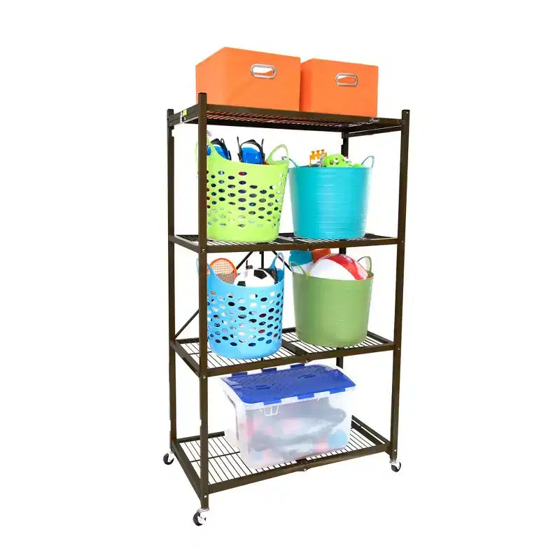 Origami 4 Tier Multipurpose Folding Storage Unit Rolling Organization Rack Bundled with Set of 4 Magnetic Wire Shelf Waterproof Liners, Gray