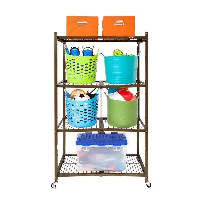 Origami 4 Tier Multipurpose Folding Storage Unit Rolling Organization Rack Bundled with Set of 4 Magnetic Wire Shelf Waterproof Liners, Gray