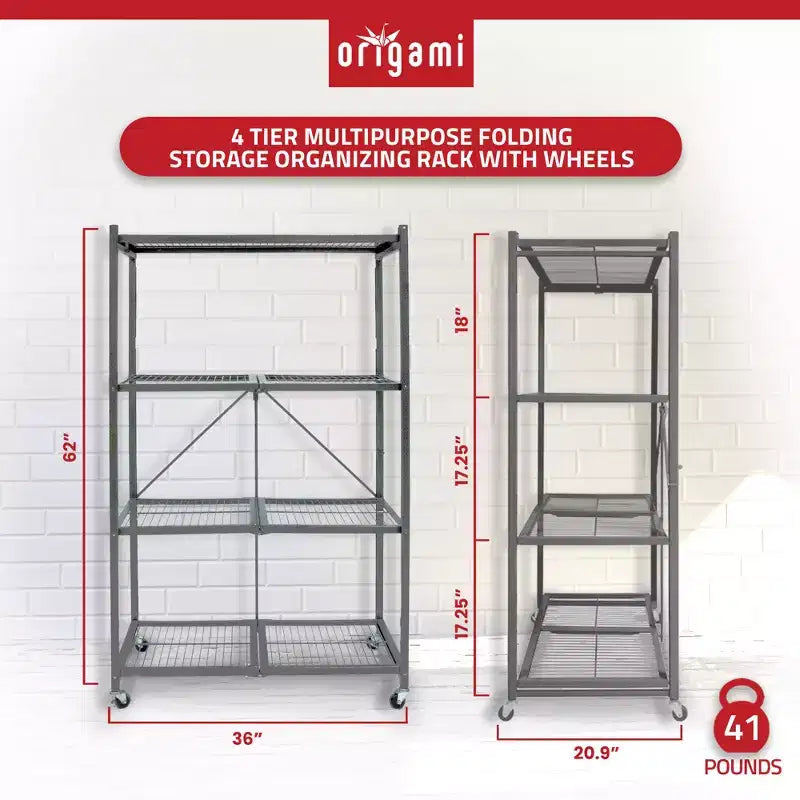 Origami 4 Tier Multipurpose Folding Storage Unit Rolling Organization Rack Bundled with Set of 4 Magnetic Wire Shelf Waterproof Liners, Gray