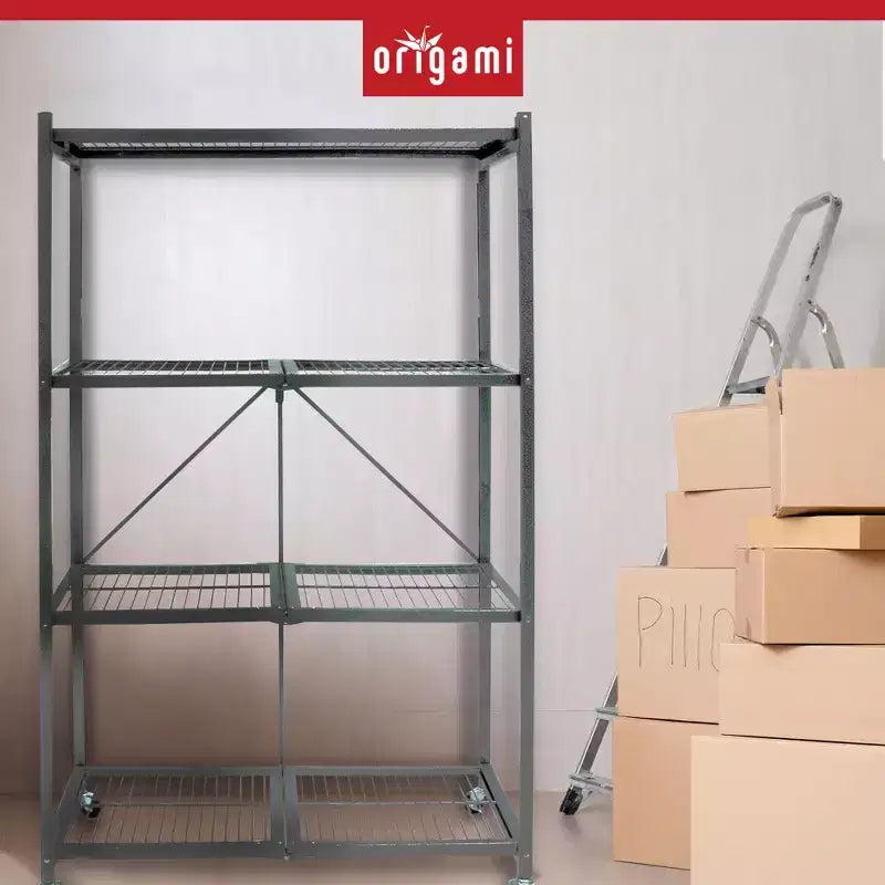 Origami 4 Tier Multipurpose Folding Storage Unit Rolling Organization Rack Bundled with Set of 4 Magnetic Wire Shelf Waterproof Liners, Gray