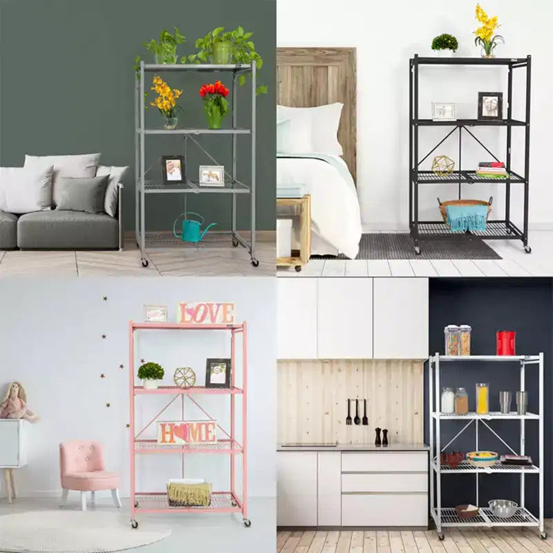 Origami 4 Tier Multipurpose Folding Storage Unit Rolling Organization Rack Bundled with Set of 4 Magnetic Wire Shelf Waterproof Liners, Gray