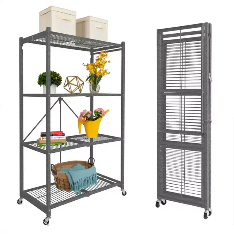 Origami 4 Tier Multipurpose Folding Storage Unit Rolling Organization Rack Bundled with Set of 4 Magnetic Wire Shelf Waterproof Liners, Gray