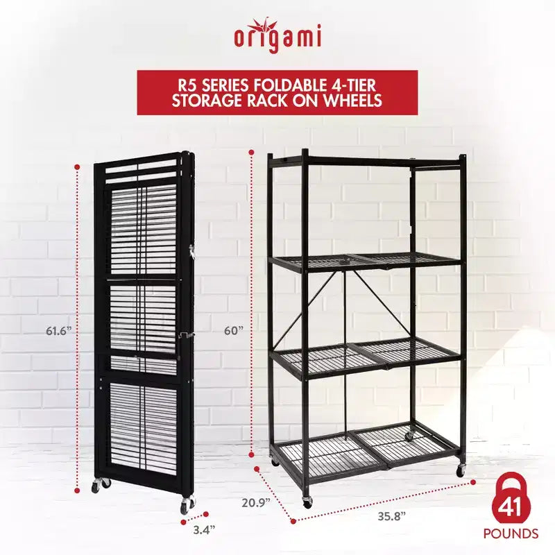 Origami 4 Tier Multipurpose Folding Storage Unit Rolling Organization Rack Bundled with Set of 4 Magnetic Wire Shelf Waterproof Liners, Gray