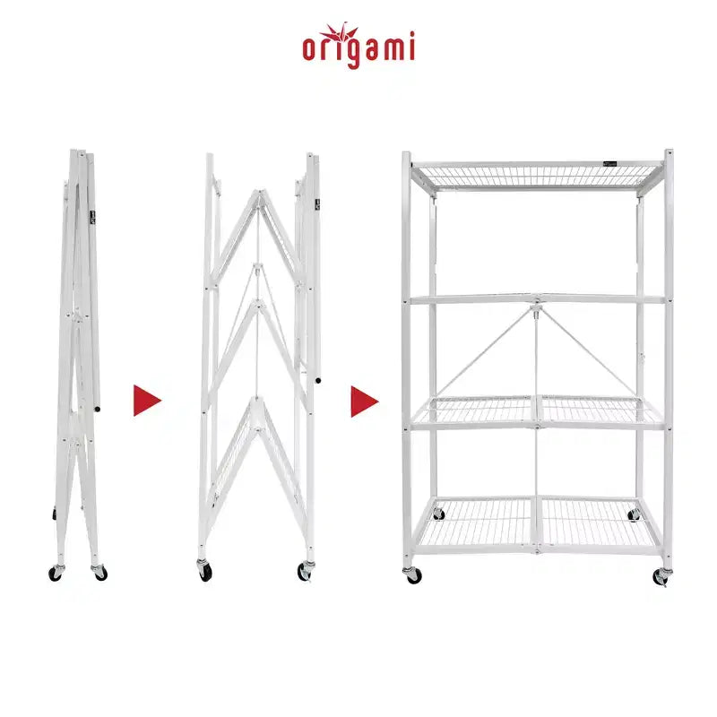 Origami 4 Tier Multipurpose Folding Storage Unit Rolling Organization Rack Bundled with Set of 4 Magnetic Wire Shelf Waterproof Liners, Gray