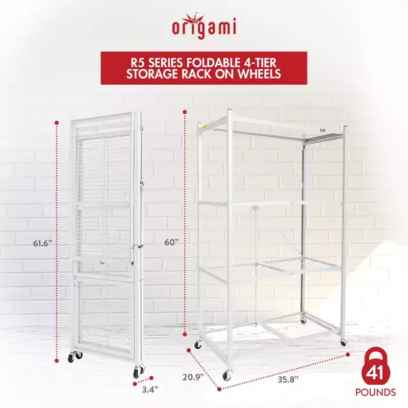 Origami 4 Tier Multipurpose Folding Storage Unit Rolling Organization Rack Bundled with Set of 4 Magnetic Wire Shelf Waterproof Liners, Gray