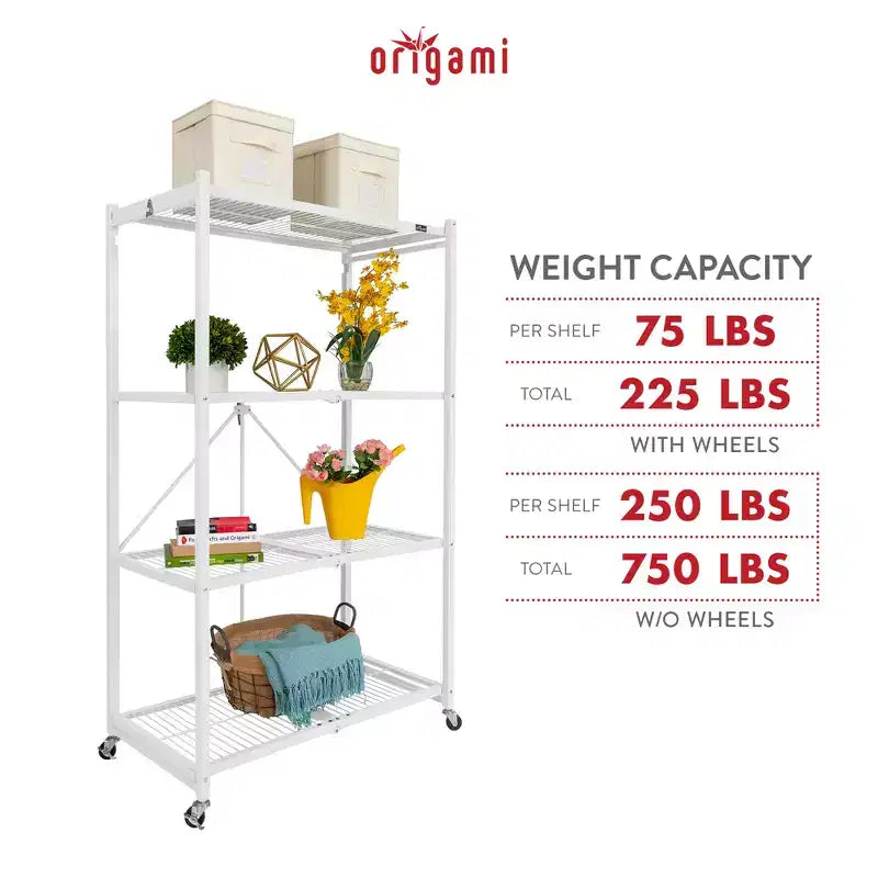 Origami 4 Tier Multipurpose Folding Storage Unit Rolling Organization Rack Bundled with Set of 4 Magnetic Wire Shelf Waterproof Liners, Gray