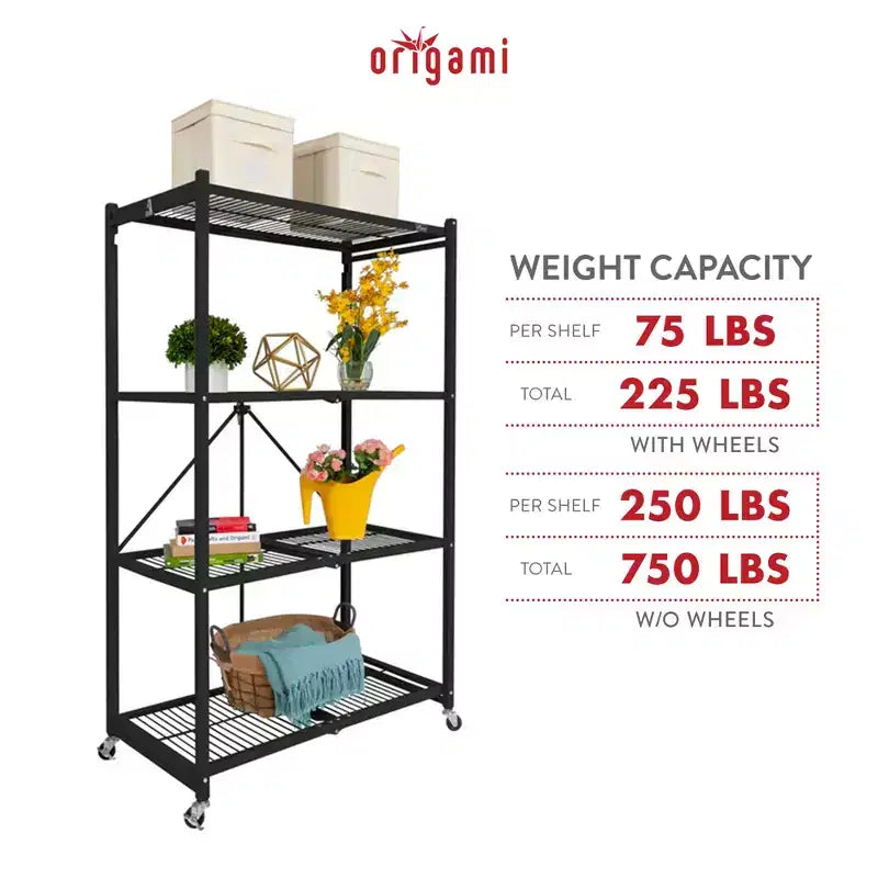 Origami 4 Tier Multipurpose Folding Storage Unit Rolling Organization Rack Bundled with Set of 4 Magnetic Wire Shelf Waterproof Liners, Gray