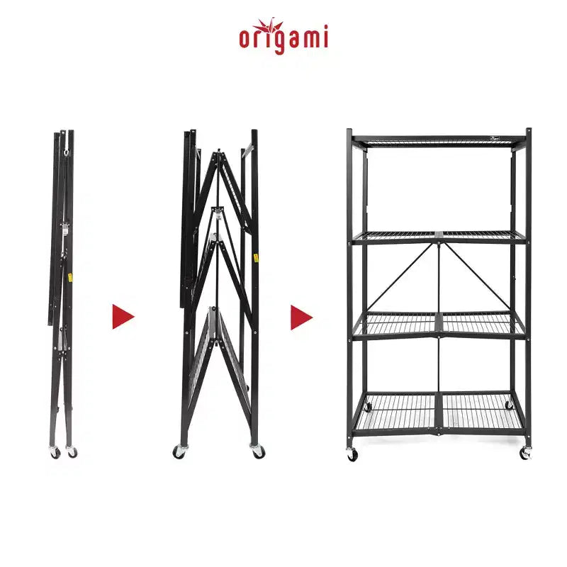 Origami 4 Tier Multipurpose Folding Storage Unit Rolling Organization Rack Bundled with Set of 4 Magnetic Wire Shelf Waterproof Liners, Gray