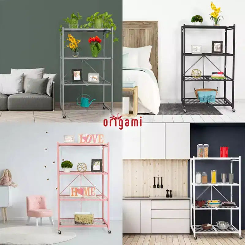 Origami 4 Tier Multipurpose Folding Storage Unit Rolling Organization Rack Bundled with Set of 4 Magnetic Wire Shelf Waterproof Liners, Gray