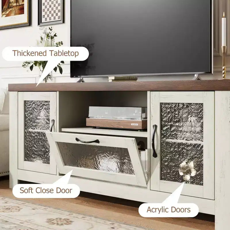 65 Inch Farmhouse TV Stand with Acrylic Doors - Entertainment Center w/ Adjustable Shelves, Media Console for Living Room & Bedroom Storage