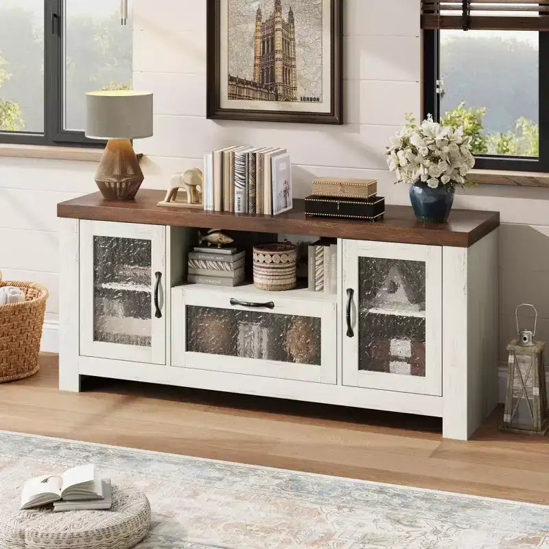 65 Inch Farmhouse TV Stand with Acrylic Doors - Entertainment Center w/ Adjustable Shelves, Media Console for Living Room & Bedroom Storage
