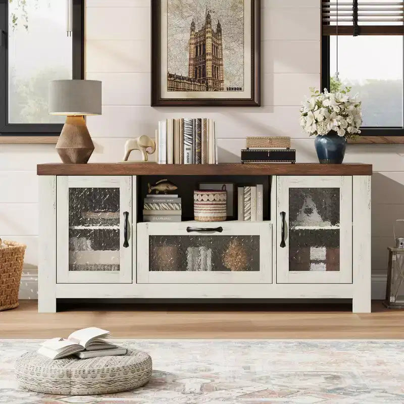 Meuble TV de ferme de 65 pouces avec portes en acrylique - Meuble de divertissement avec étagères réglables, Console multimédia pour le rangement du salon et de la chambre