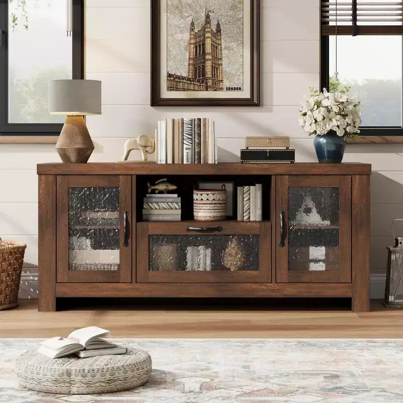Meuble TV de ferme de 65 pouces avec portes en acrylique - Meuble de divertissement avec étagères réglables, Console multimédia pour le rangement du salon et de la chambre