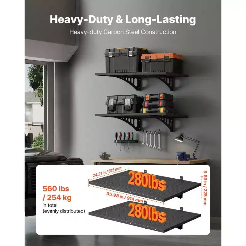 VEVOR 2-Tier Wall Garage Shelving, 2 x 3 ft Steel Wall Mounted Shelving Unit, 12 x 72 Inch Per Shelf, 560 lbs Total Weight Capacity, Black