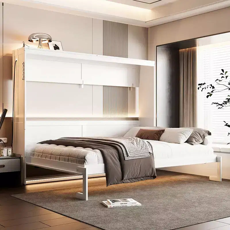 GDFStudio Reed Modern Side-Folding Murphy Bed with Trendy Printed Pattern, LED and USB