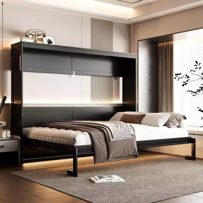 GDFStudio Reed Modern Side-Folding Murphy Bed with Trendy Printed Pattern, LED and USB