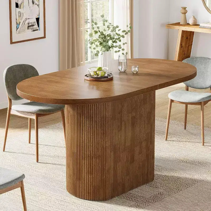 Lantine 47.24 Inch Oval Dining Table, Rustic Wooden with Wooden Base, Seats 4, for Dining Room, Kitchen, Living Room, Brown