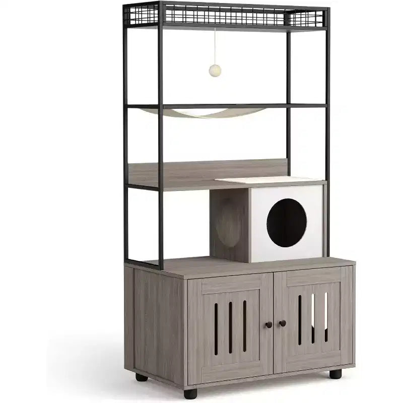Multifunctional Cat Litter Box Enclosure Furniture with Cat Bed, Hammock, Scratching Mat & Sisal Ball, Hidden Litter Box Cabinet for Large Cats