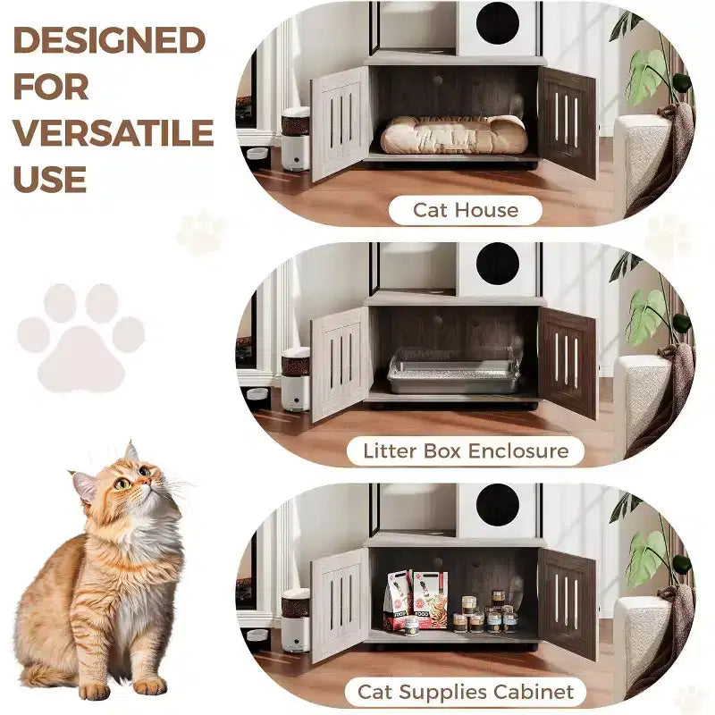 Multifunctional Cat Litter Box Enclosure Furniture with Cat Bed, Hammock, Scratching Mat & Sisal Ball, Hidden Litter Box Cabinet for Large Cats