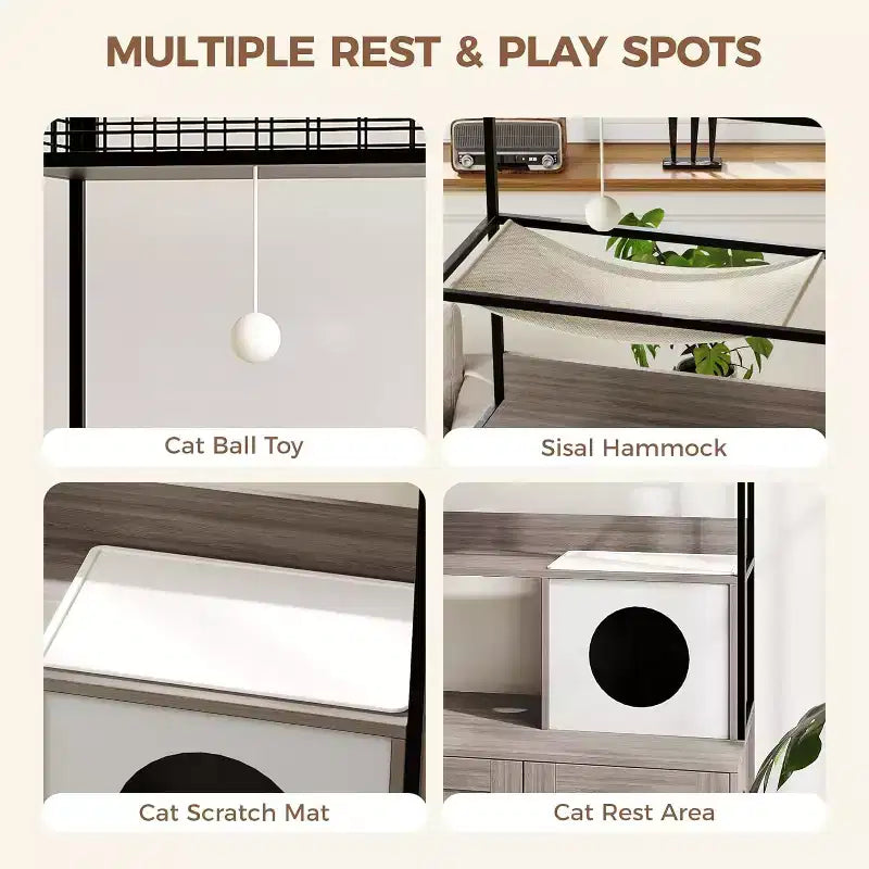 Multifunctional Cat Litter Box Enclosure Furniture with Cat Bed, Hammock, Scratching Mat & Sisal Ball, Hidden Litter Box Cabinet for Large Cats