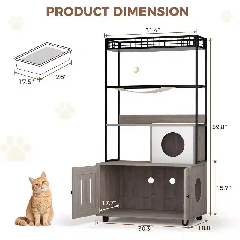 Multifunctional Cat Litter Box Enclosure Furniture with Cat Bed, Hammock, Scratching Mat & Sisal Ball, Hidden Litter Box Cabinet for Large Cats