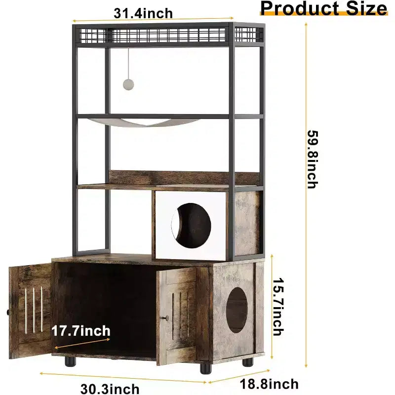 Multifunctional Cat Litter Box Enclosure Furniture with Cat Bed, Hammock, Scratching Mat & Sisal Ball, Hidden Litter Box Cabinet for Large Cats