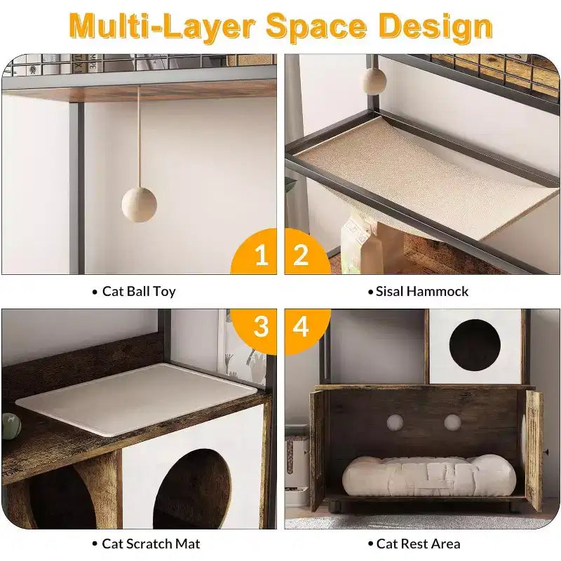 Multifunctional Cat Litter Box Enclosure Furniture with Cat Bed, Hammock, Scratching Mat & Sisal Ball, Hidden Litter Box Cabinet for Large Cats