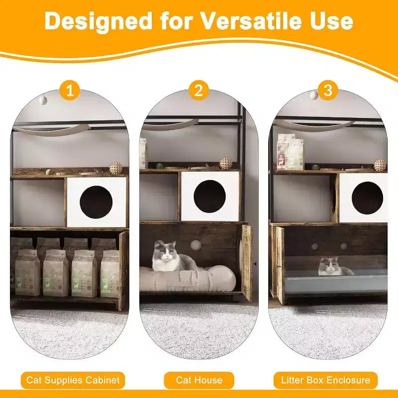 Multifunctional Cat Litter Box Enclosure Furniture with Cat Bed, Hammock, Scratching Mat & Sisal Ball, Hidden Litter Box Cabinet for Large Cats