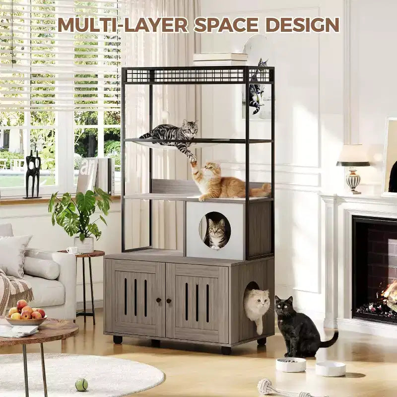 Meuble cache-litière multifonctionnel avec lit pour chat, hamac, tapis à griffer et balle en sisal, meuble pour litière cachée pour grands chats