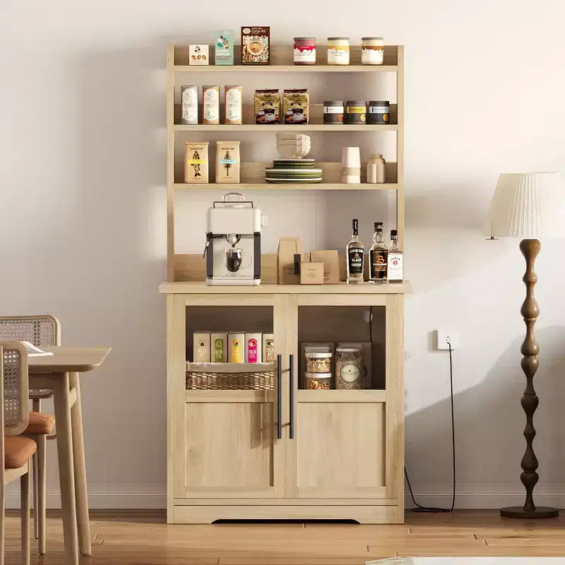 6-Tier Farmhouse Baker's Rack with Glass Door  63 In Kitchen Pantry Hutch, Thick Countertop, Microwave Stand, Coffee Bar Organizer for Dining Room
