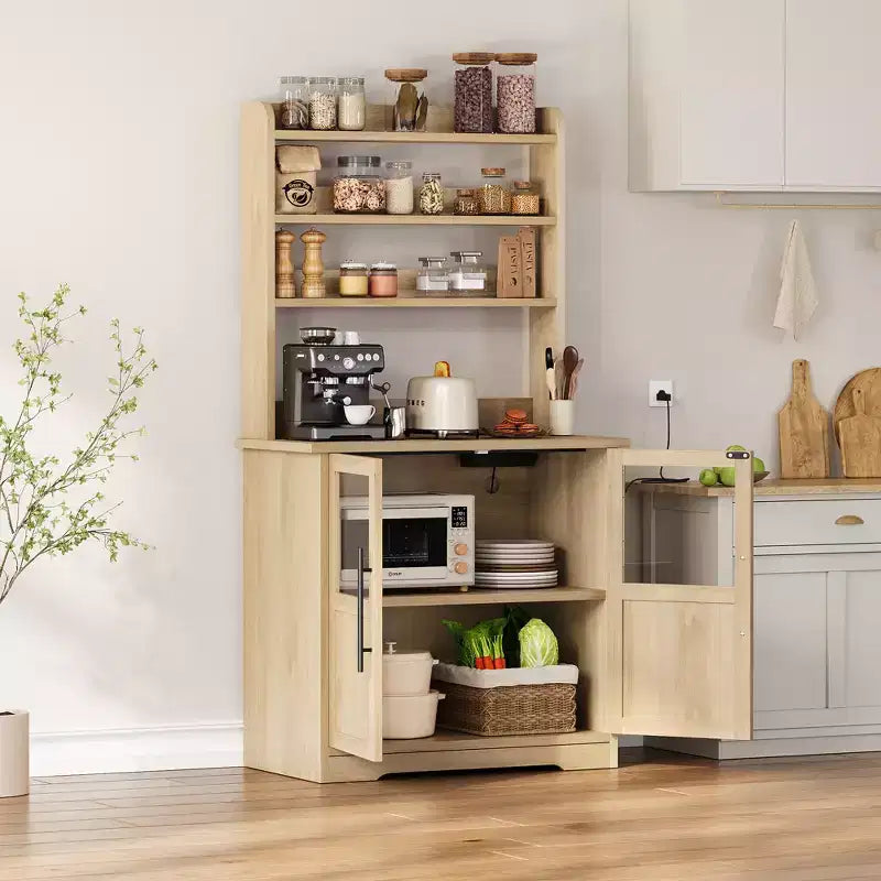 6-Tier Farmhouse Baker's Rack with Glass Door  63 In Kitchen Pantry Hutch, Thick Countertop, Microwave Stand, Coffee Bar Organizer for Dining Room