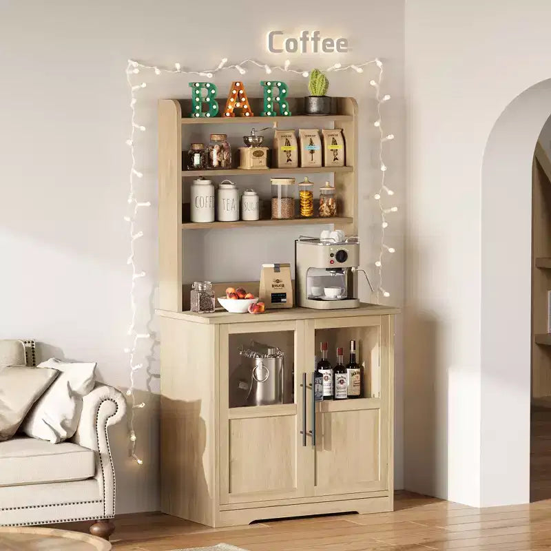 6-Tier Farmhouse Baker's Rack with Glass Door  63 In Kitchen Pantry Hutch, Thick Countertop, Microwave Stand, Coffee Bar Organizer for Dining Room