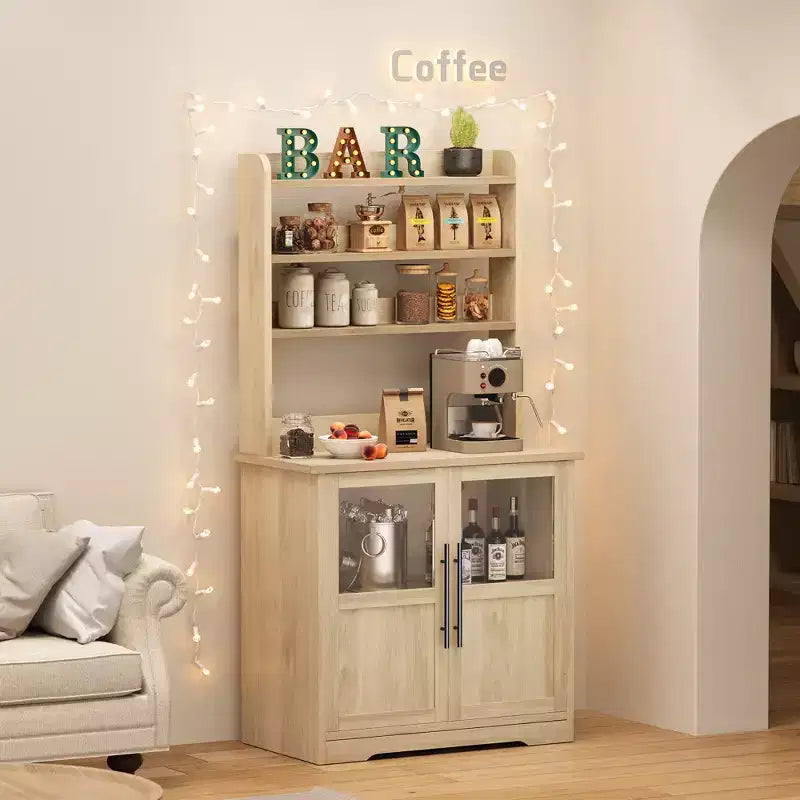 6-Tier Farmhouse Baker's Rack with Glass Door  63 In Kitchen Pantry Hutch, Thick Countertop, Microwave Stand, Coffee Bar Organizer for Dining Room