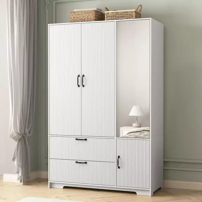 JVNOXK 4 Doors White Wardrobe Closet with Mirror, LED Lights, 2 Drawers, Hanging Rod & Adjustable Shelves, Wooden Bedroom Storage Cabinet